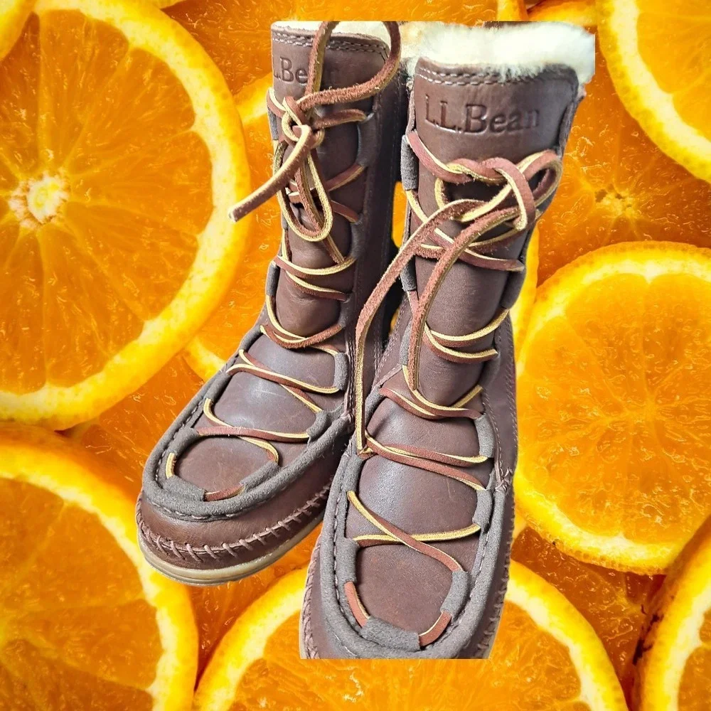 L.L.Bean Shearling Lined Moc Toe Plaid Wool Boots Lace Up‎ Women's 7M